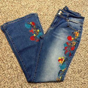 Flamingo Women’s Embroidered Flare Jeans Floral Boho Y2K Size Large